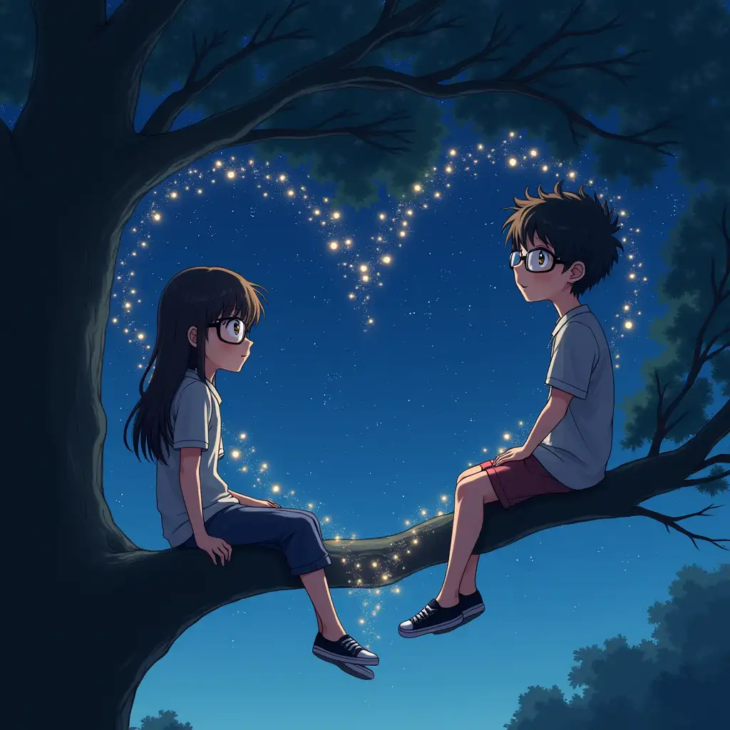 a boy with glasses sitting on a tree, a girl with glasses sitting on a tree, under a starry sky, the space between them is a heart-shaped curve of a mathematical formula and its graphical image, aspect ratio 2:1, anime style