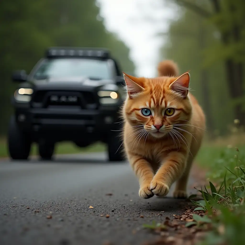 A fluffy ginger cat, runs in fear along the road, one eye blue, the other yellow, a big black RAM TRX car chases after it