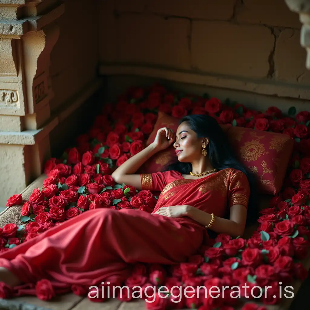 Kerala-Woman-Sleeping-in-Ancient-Rock-Palace-with-Roses-in-Saree