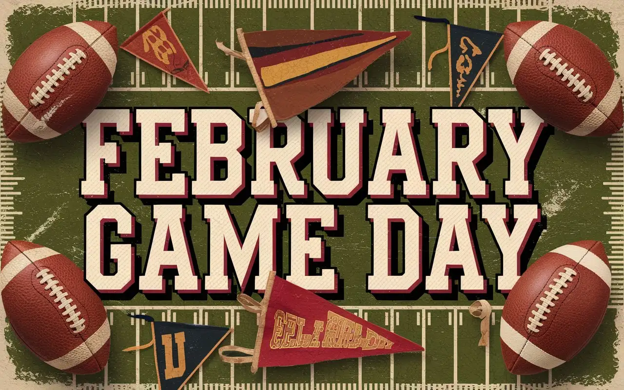 February Game Day text in vintage serif font with a distressed texture, on a background of retro football imagery including leather footballs, pennants evoking nostalgia and tradition.