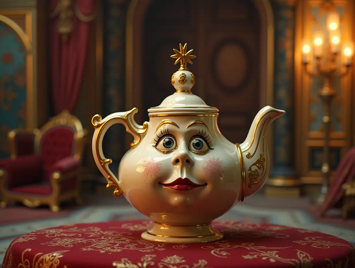 Cinderela in a palace, teapot with eyes mouth nose, breasts with eyes mouth nose