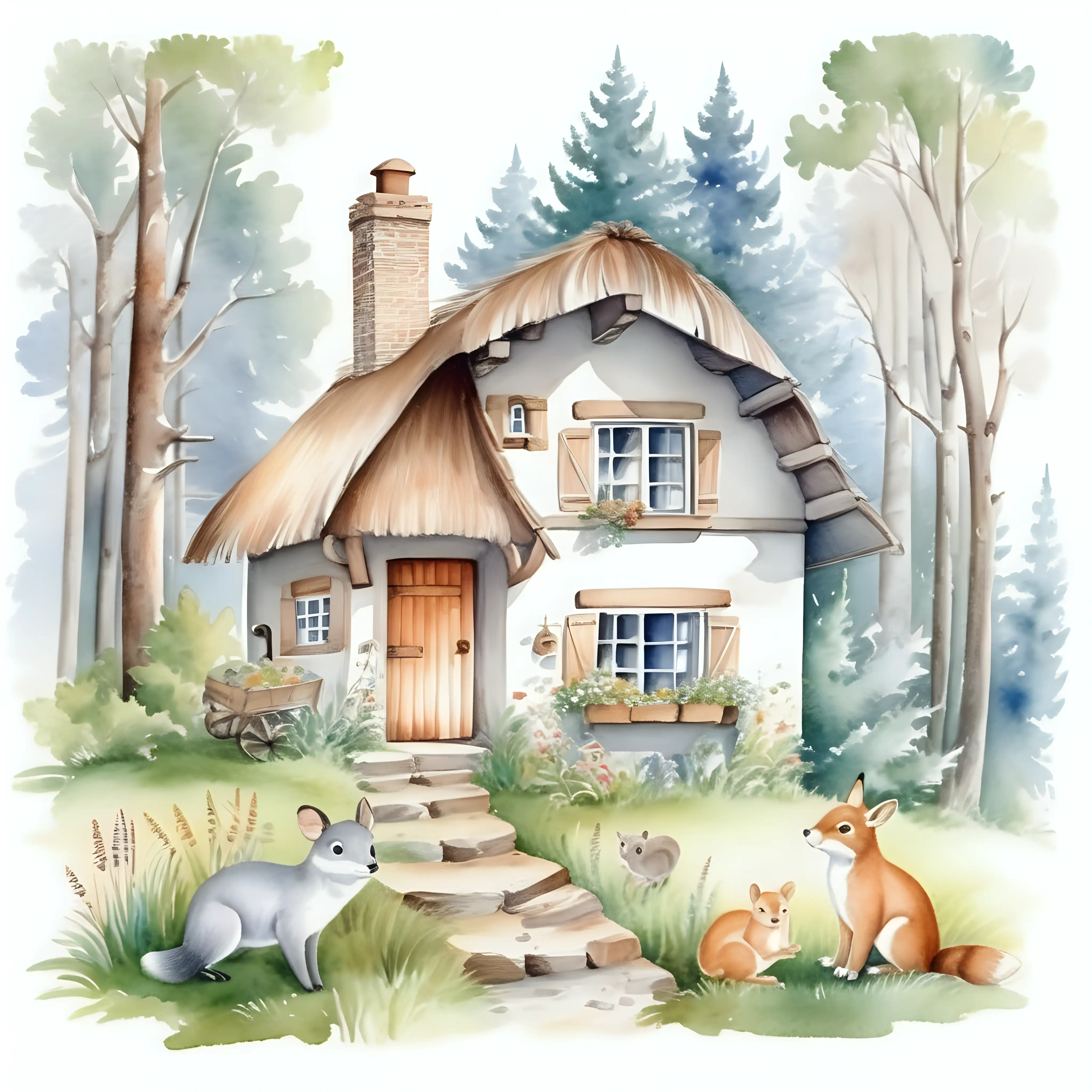 Charming Forest Cottage for Animals Watercolor Illustration