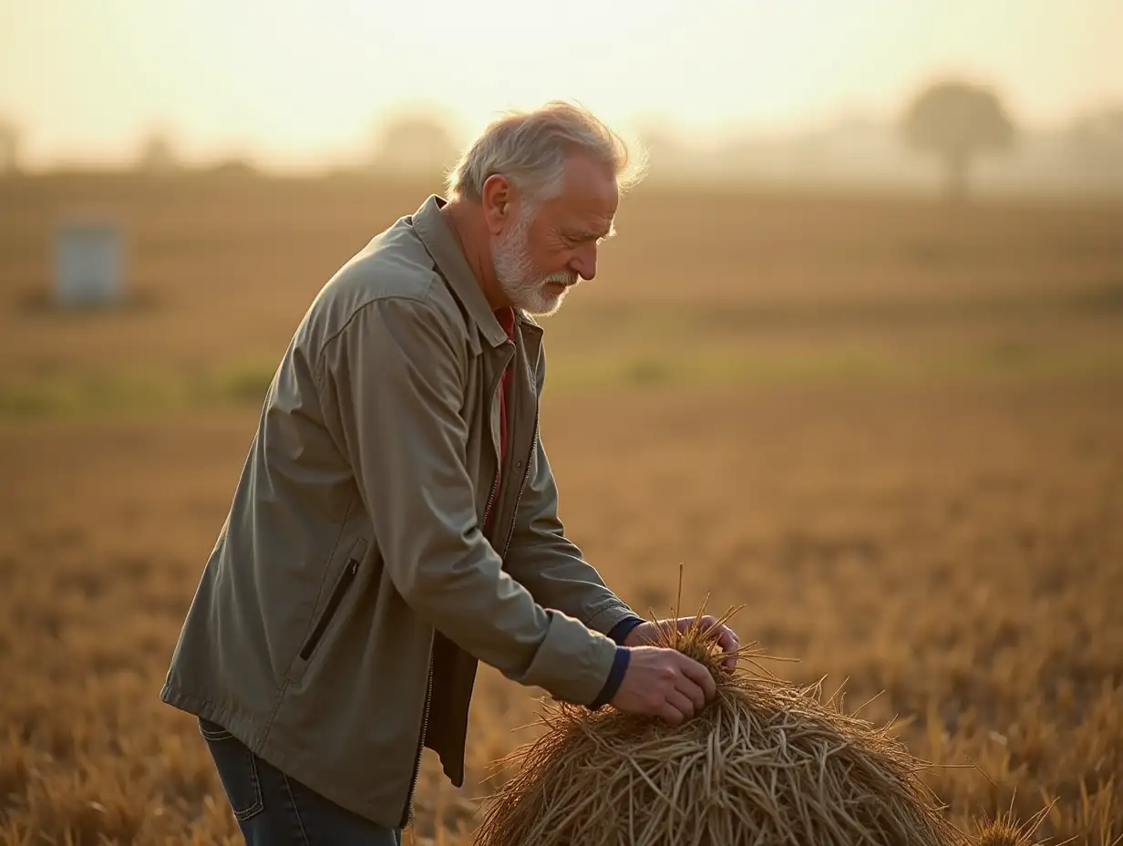 father working in the field with common clothing like a very poor person