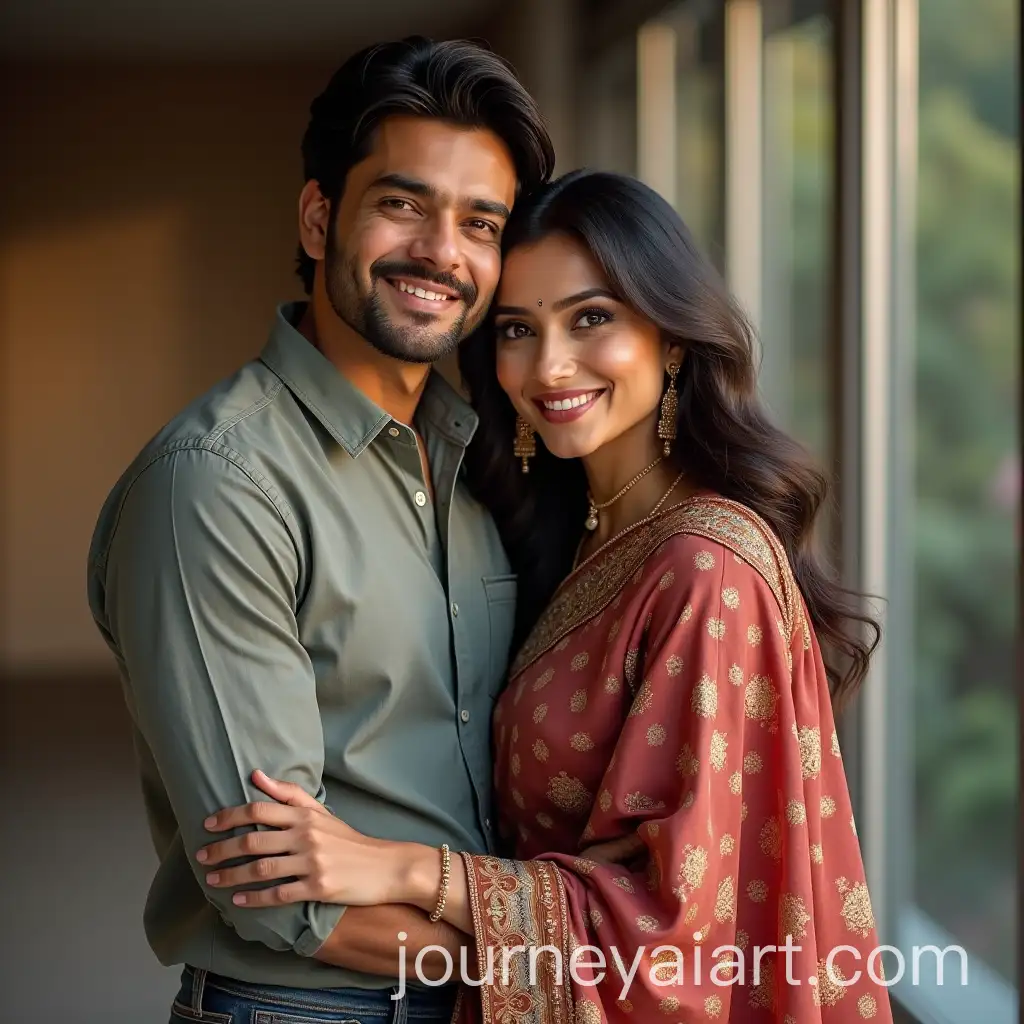 South-Asian-Man-and-BollywoodAI-Image-Prompt-Expansion-Actress-Rani-Mukerji-Posing-for-a-Selfie-in-Elegant-Ethnic-Outfit