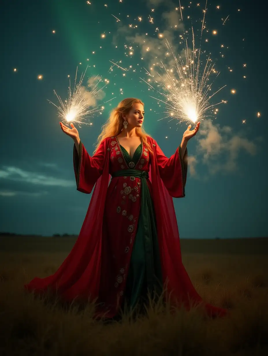 A beautiful gorgeous sorceress stands in a open field at night she is wearing red and green fantasy robes with magical symbols on it she raises her both arms to conjuring fireworks from her hands into the sky and the sky is filled with fireworks