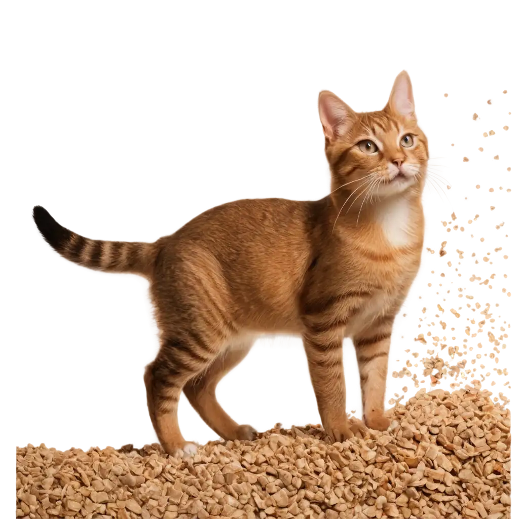 A cat is sitting on its back legs in wood chip filler in granules