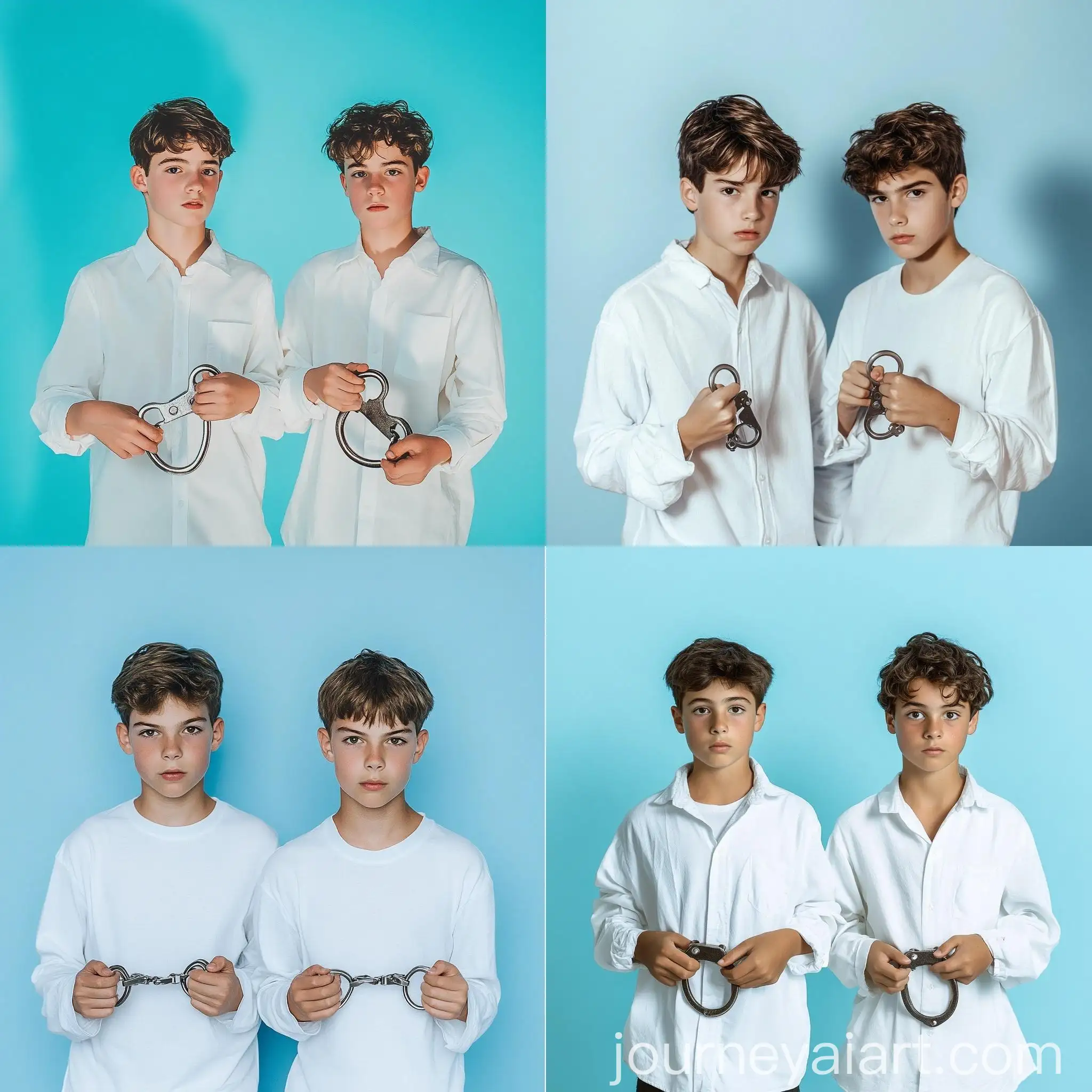Two-Teenage-Boys-Playing-with-Toy-Handcuffs-White-Shirts