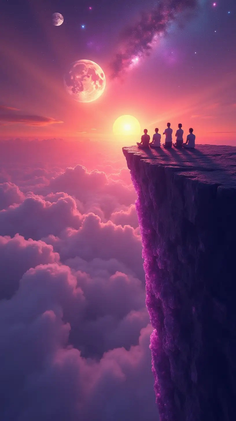 A group of people in a guided meditation. The scene is on top of a cliff made of amethyst next to the edge of the universe at sunset. Both the sun and moon are visible in a colorful sky