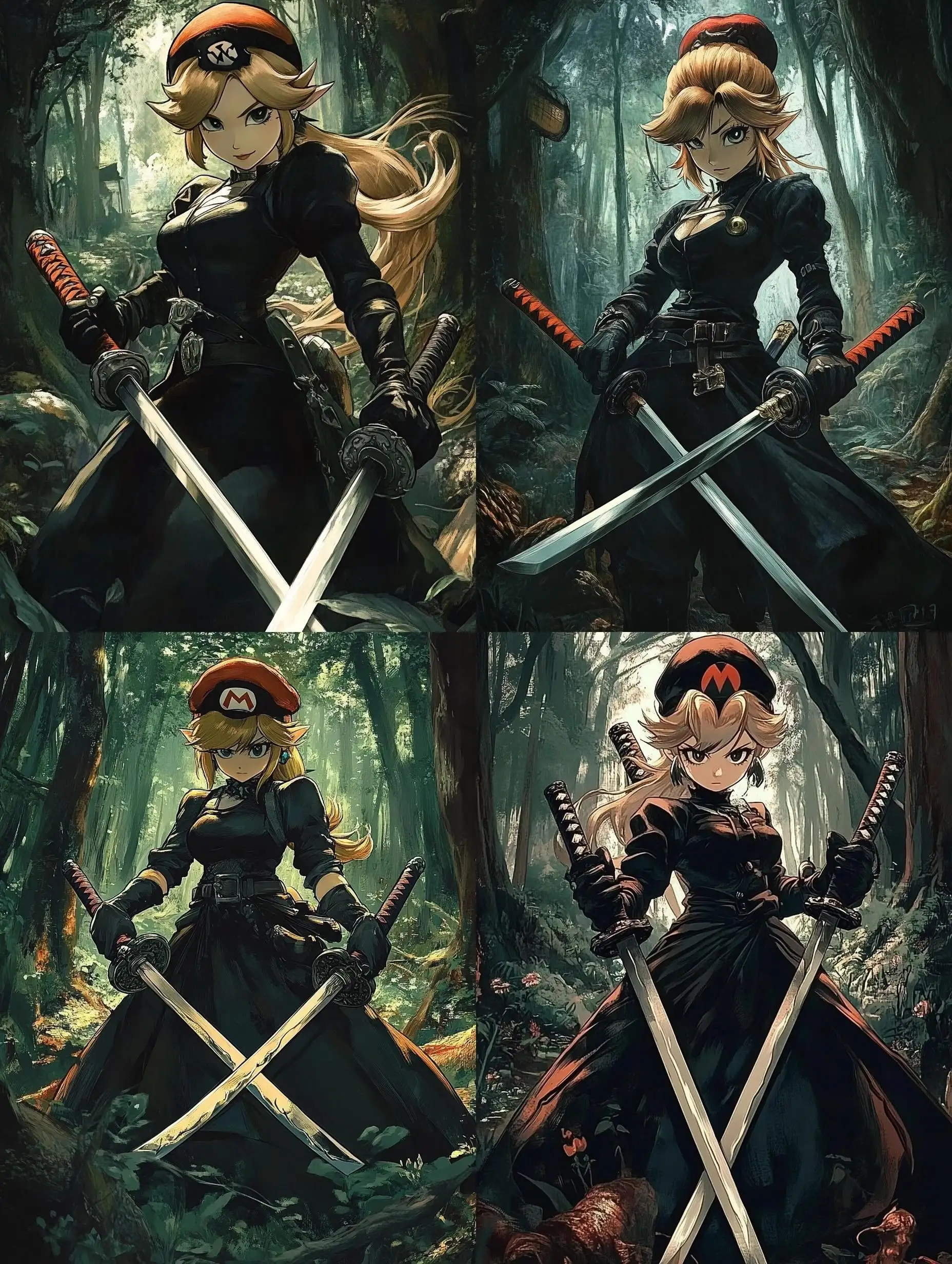 Princess-Peach-in-Black-Gothic-Attire-Holding-Katanas-in-a-Forest