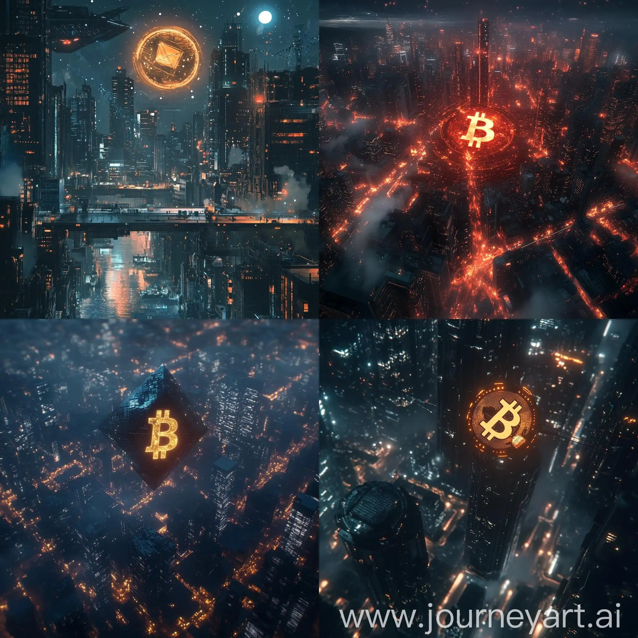 Cryptocurrency-Logos-Flying-over-Night-Cityscape