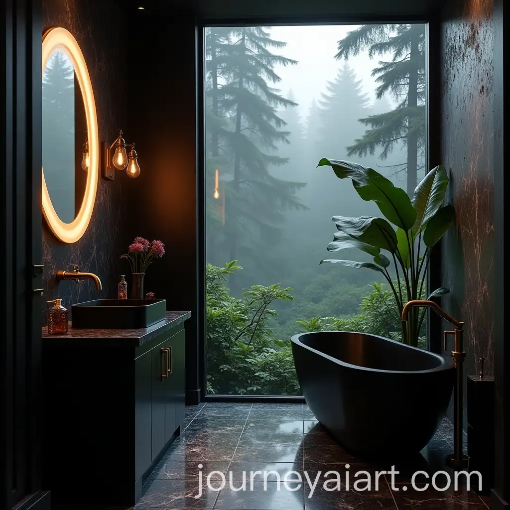 Luxury-Black-and-Pink-Bathroom-with-Foggy-Night-Forest-View