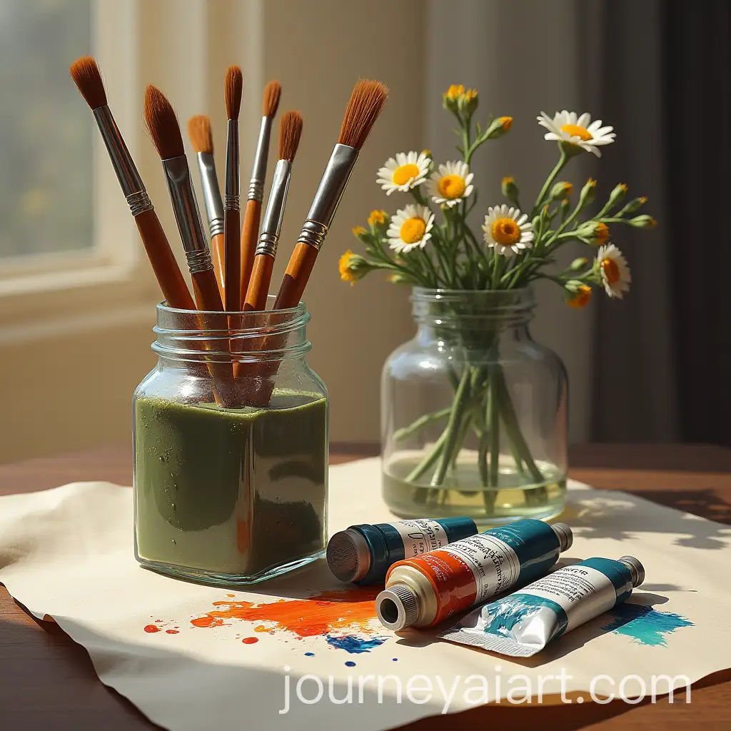 Hyperrealistic-Still-Life-of-Artists-Workshop-with-Paint-Brushes-and-Flowers