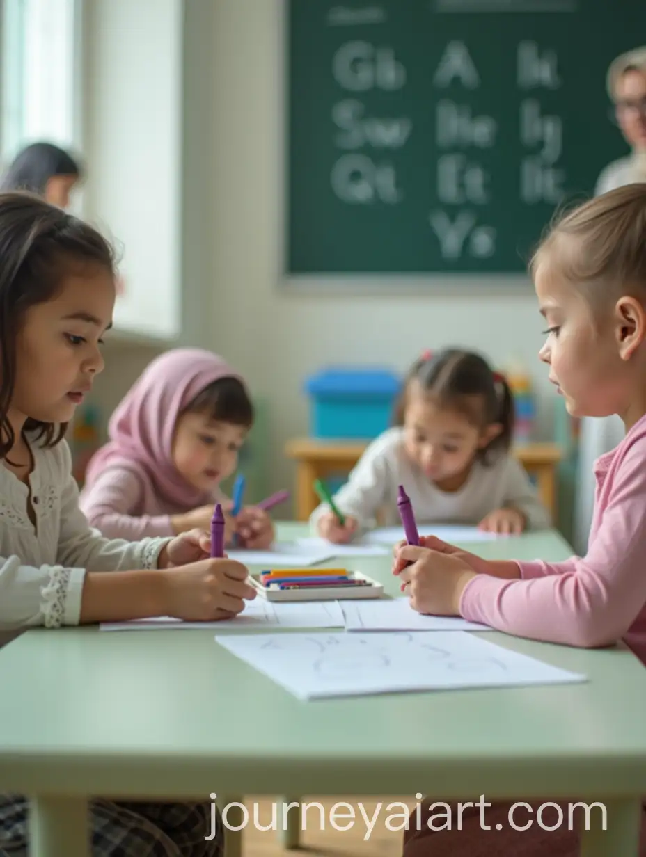 Young-Girl-Drawing-at-Classroom-Table-with-Teacher-and-Classmate