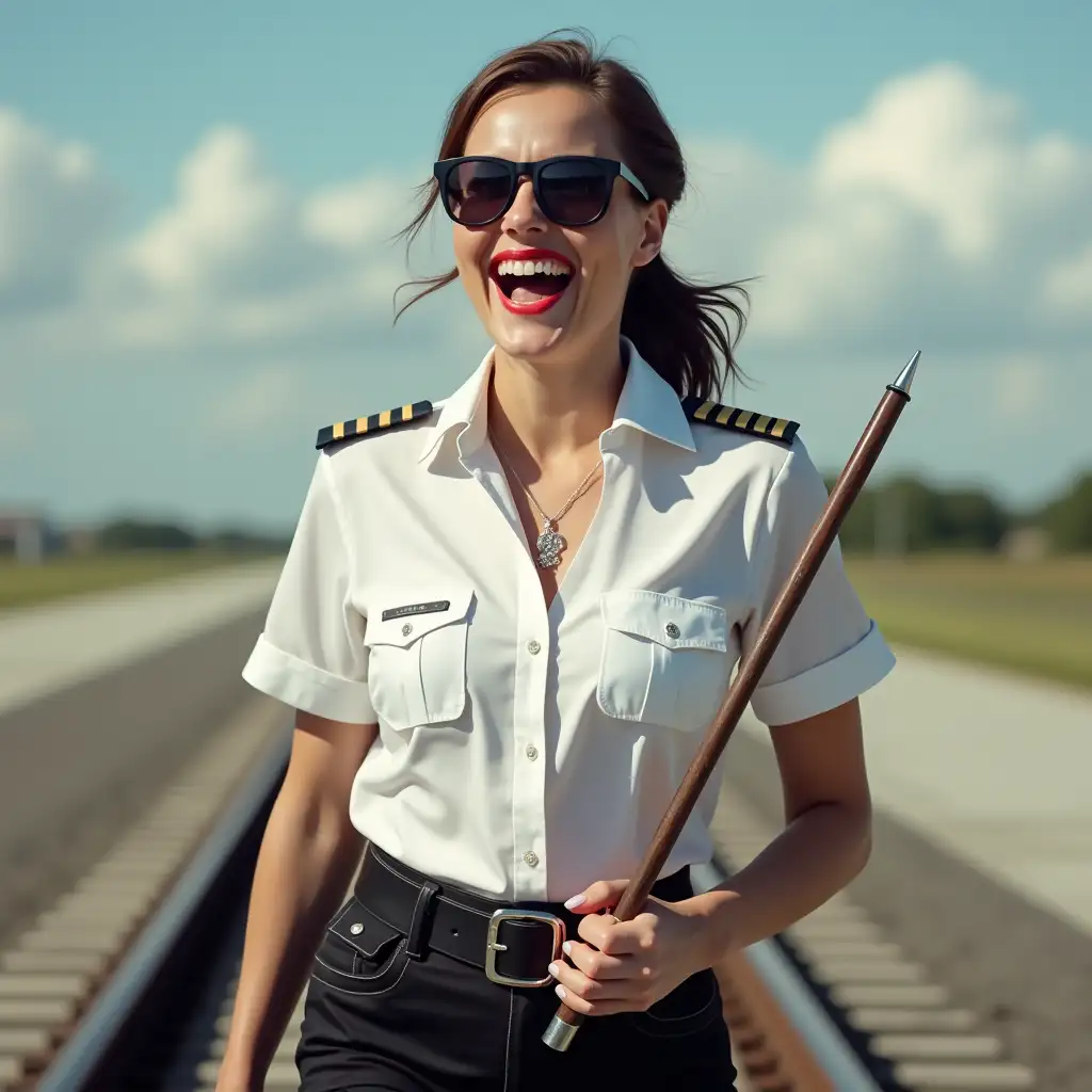 screaming pilot lady , in white unbuttoned airport security shirt, laughing with her mouth open, red lipstick accentuating her smile,belt on waist, jewerly, white skin, HD, holds long riding crop, photo-realism, walking on rails