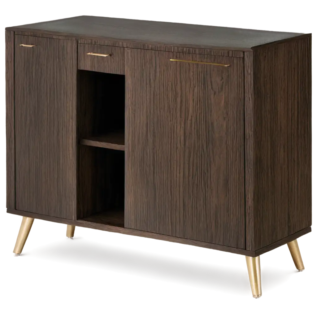 Side-View-of-BuffetRack-Furniture-with-Dark-Wood-Finishing-and-Gold-Metal-Details-PNG-Image