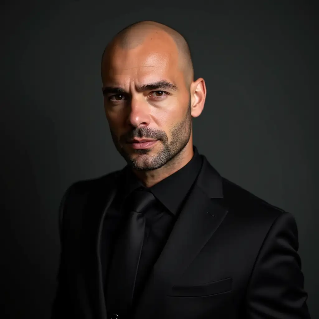 provide me with an image of a handsome man with a European face, bald and charismatic. Using a black suit and taken with a medium angle