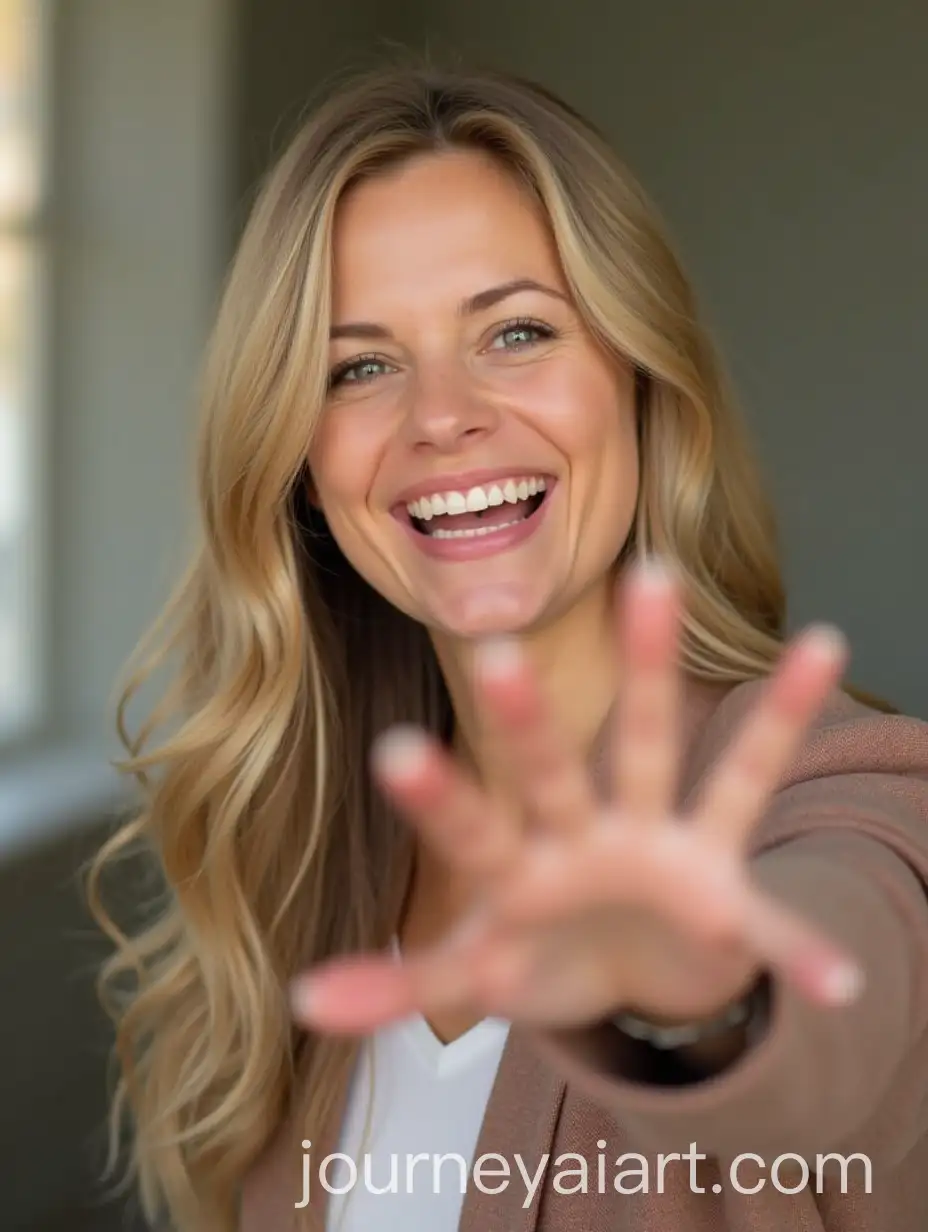 Cara-Carter-Smiling-and-Making-a-Hand-Gesture