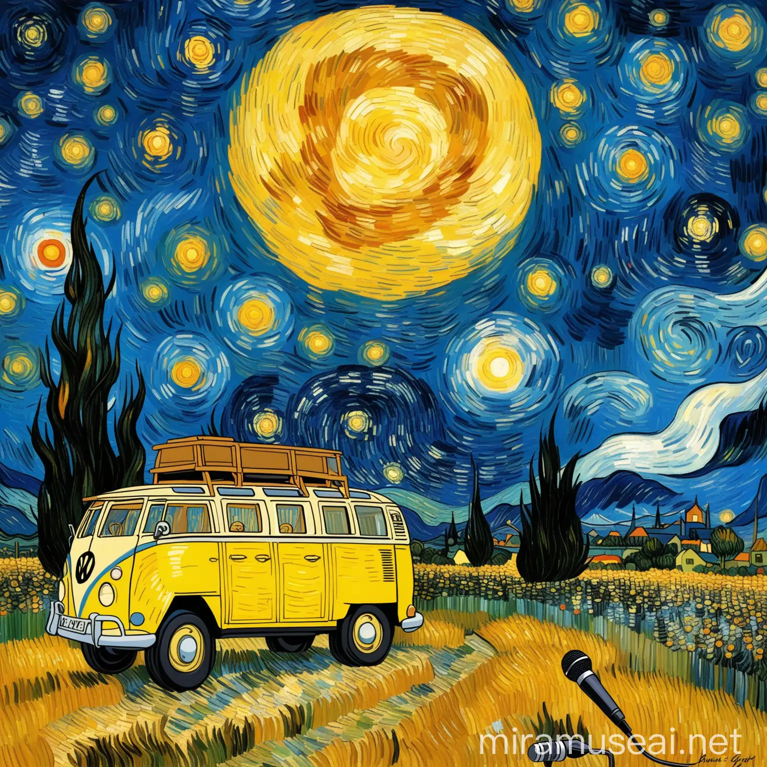 Starry Night with Vintage Yellow Volkswagen Van and Microphone