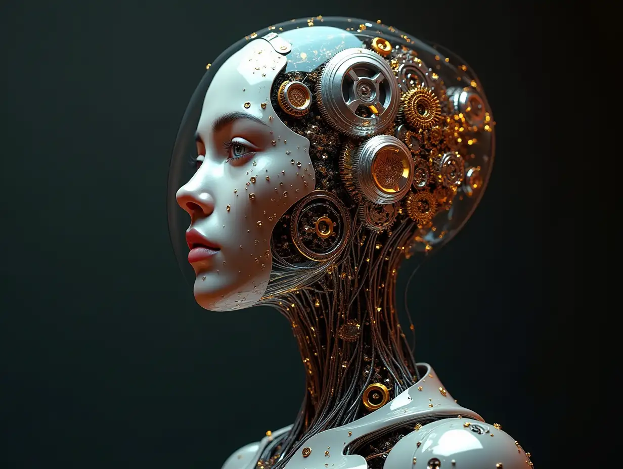 Create a high-resolution, realistic image of an artificial intelligence with gears on the cheeks and a glass head with visible platinum brain with many gears, optical fiber cable bundles at the neck, LED light face in 3d 4k resolution with background gold and silver ornaments