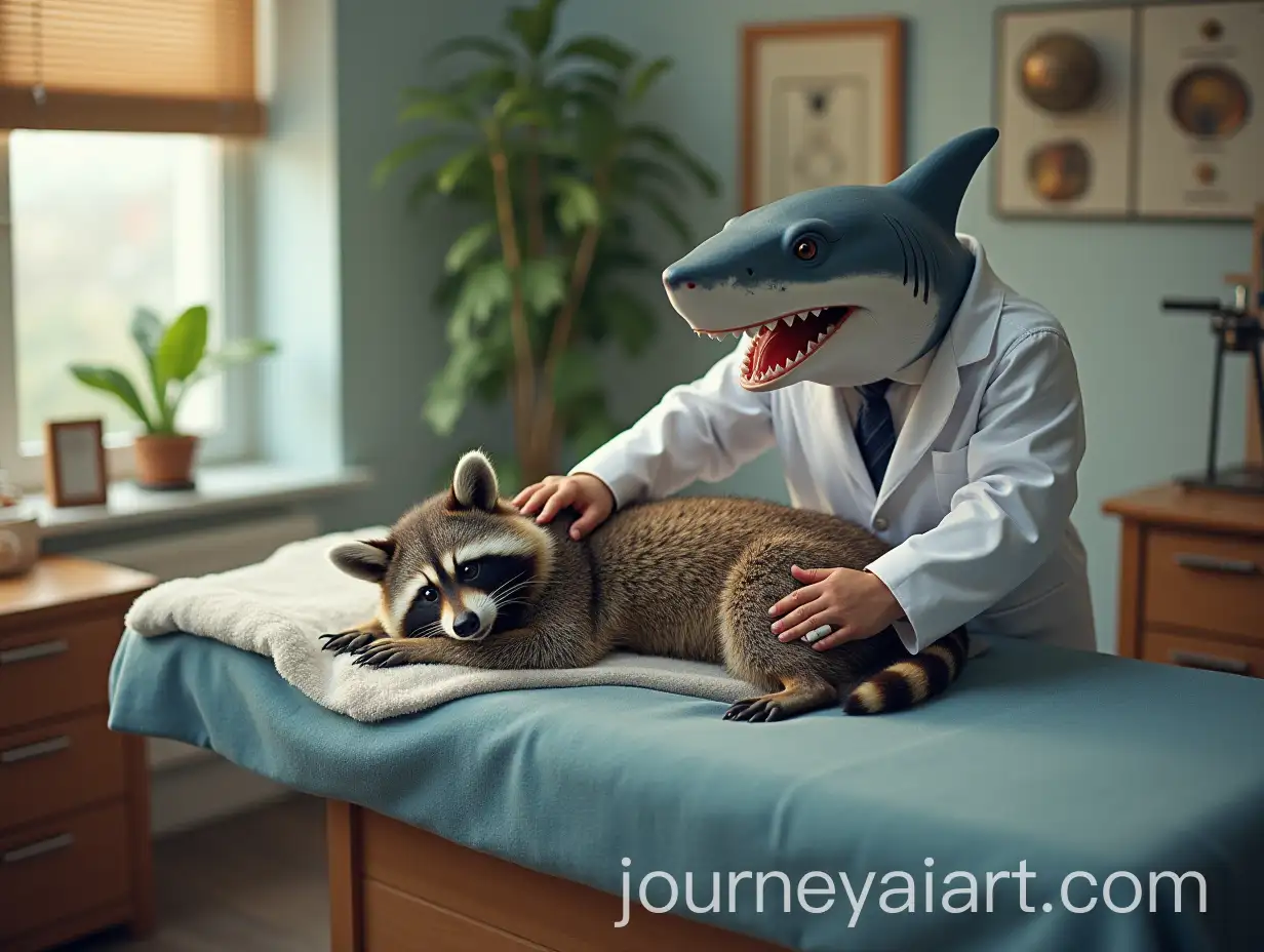 Shark-Giving-Massage-to-Raccoon-on-a-Massage-Table-in-an-Office-Setting