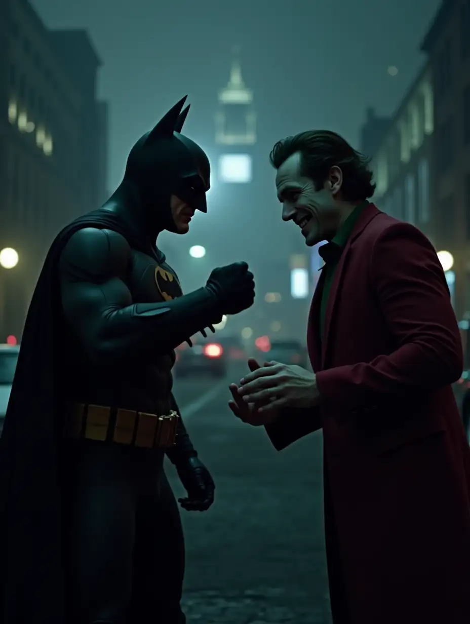 cinematic of smart batman fighting with handsome joker : inspire by Joaquin  Phoenix  . background is Gotham City at night.