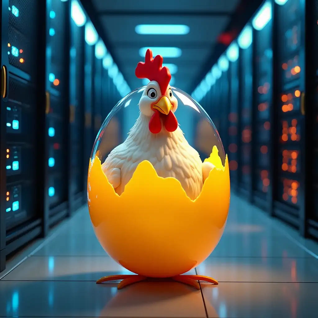 Cartoonish-Chicken-Emerging-from-Futuristic-Data-Center-Egg