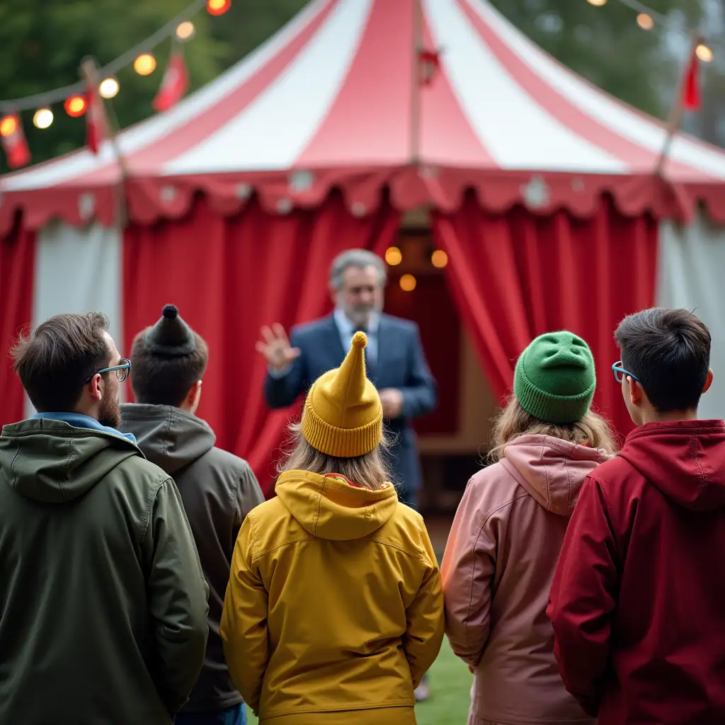 Six People in Circus Costumes Listening to a Host