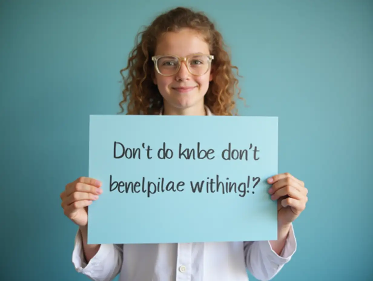 a young scientist or doctor holding a sign with a nonmotivating message.