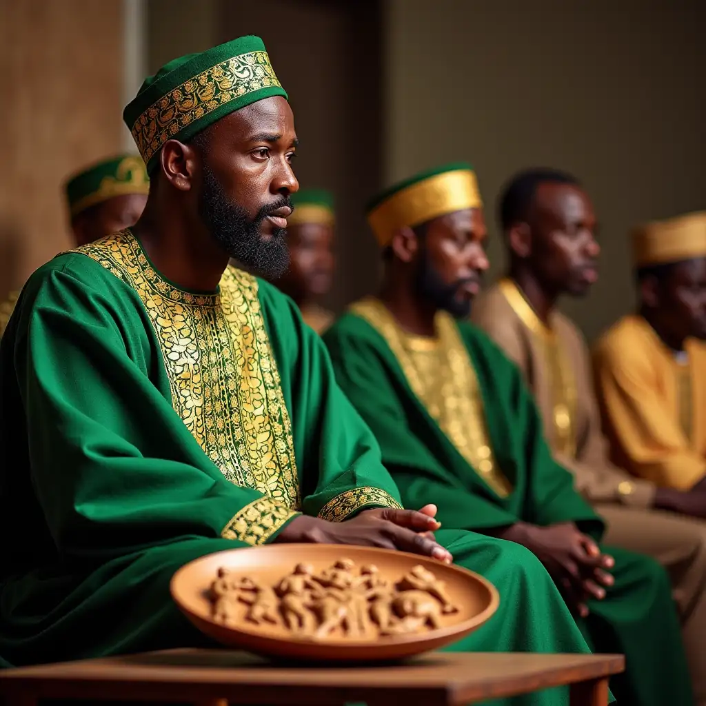 un africano nigeriano vestido with typical clothes named agbada, of color green and gold, also has on a kufi of the same color, and is sitting in front of several followers, who are attentively listening to his message, before him there is a wooden plate carved with tribal African Nigerian images.