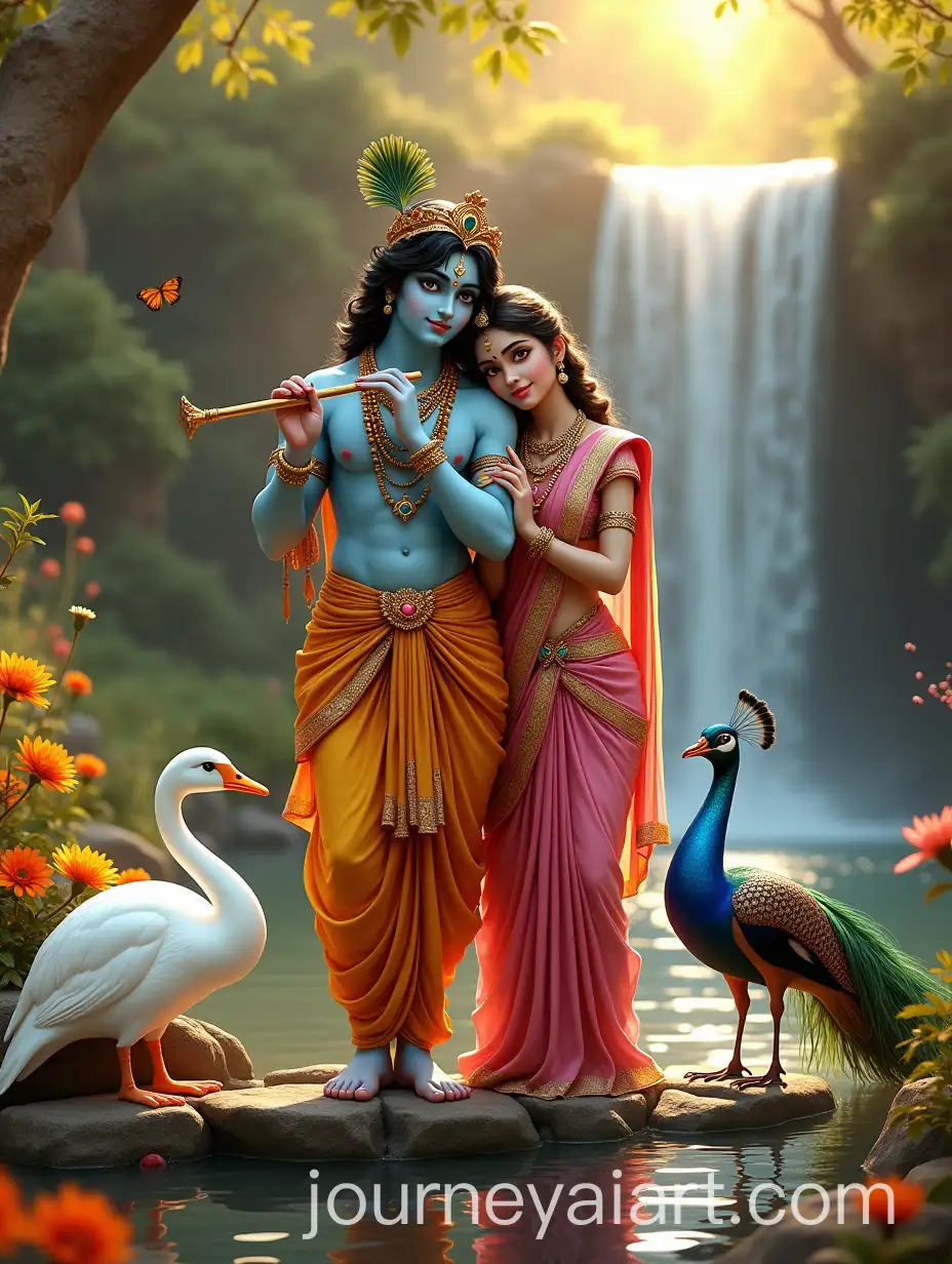 Krishna-and-Radha-in-a-Serene-Garden-with-a-Swan-and-Peacock