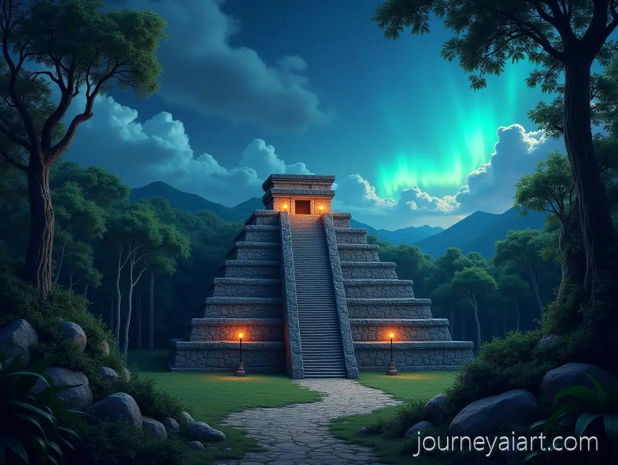 Mayan-Temple-Surrounded-by-Jungle-andMayan-temple-in-jungle-Mountains-with-Flickering-Beacons-and-Starry-Sky