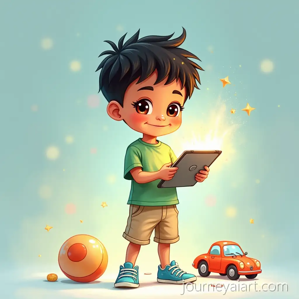 Childrens-Book-Cover-of-Little-Boy-Discovering-Magical-Glowing-Tablet-with-Toys