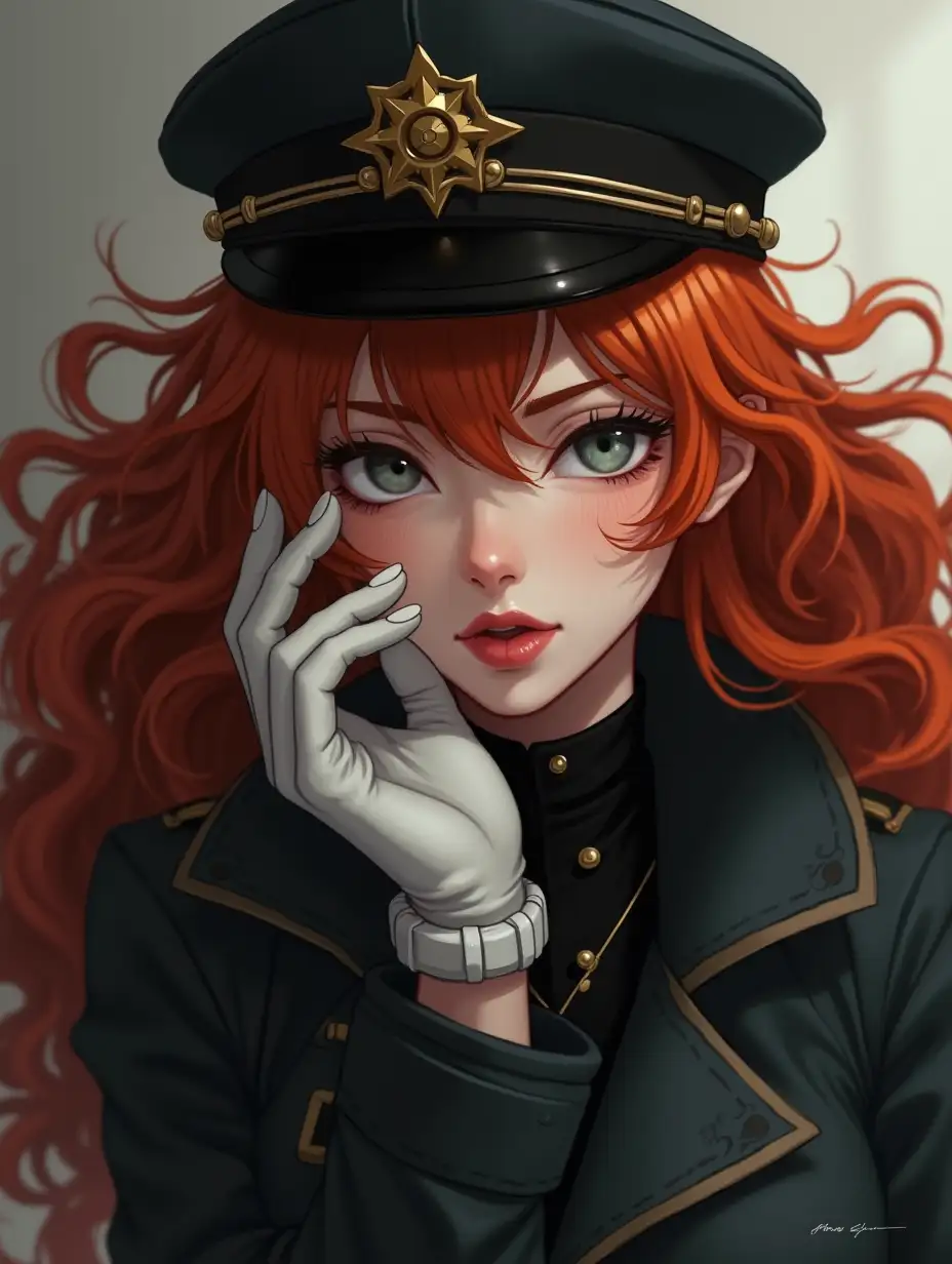 Curvy anime steampunk woman, sexy, ginger hair, close up, portrait, military, trench, cap, white gloves, grey eyes, long hair, poster portrait, gothic, intricate composition, artistic anime picture, volumetric light, atmospheric, from above light angle, masterpiece, dynamic angle, by Agnes Cecile