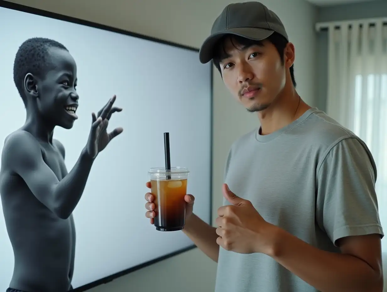 South-Korean-Man-Holding-Bubble-Tea-Beside-Image-of-Starving-African-Child