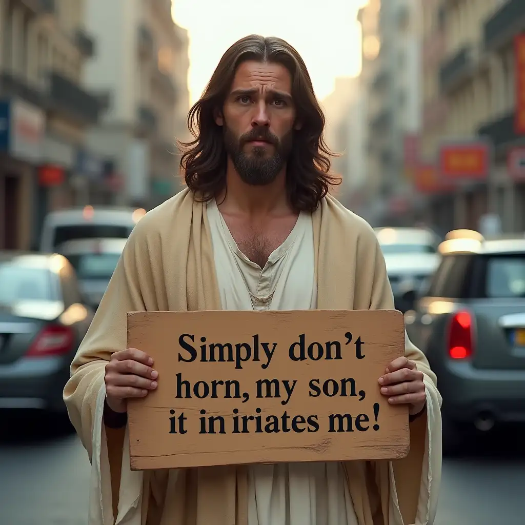 A hyper-realistic 4K image of Jesus holding a wooden signboard with both hands. The signboard reads 'Simply don’t horn, my son, it irritates me.' Jesus is depicted in traditional robes with a compassionate yet slightly annoyed expression, standing in a modern city traffic setting. The background shows a busy street with cars and honking sounds implied through visual cues. Focus on intricate details of Jesus, the wooden signboard, and the chaotic city vibe for contrast.