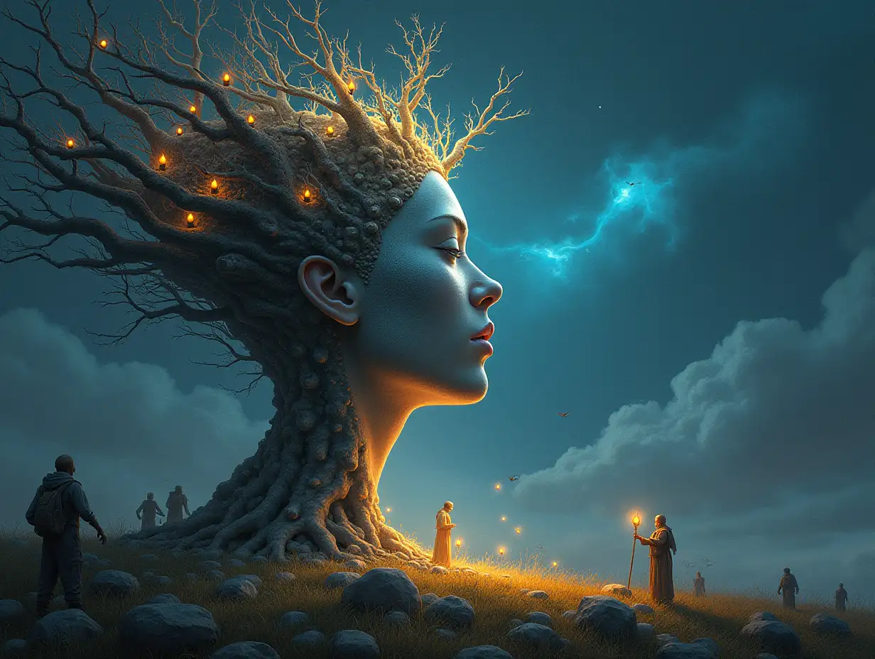 Creating a digital painting of a face with hair transforming into a building with silver stone and illuminated trees with roots and lanterns and alien creatures on a meadow