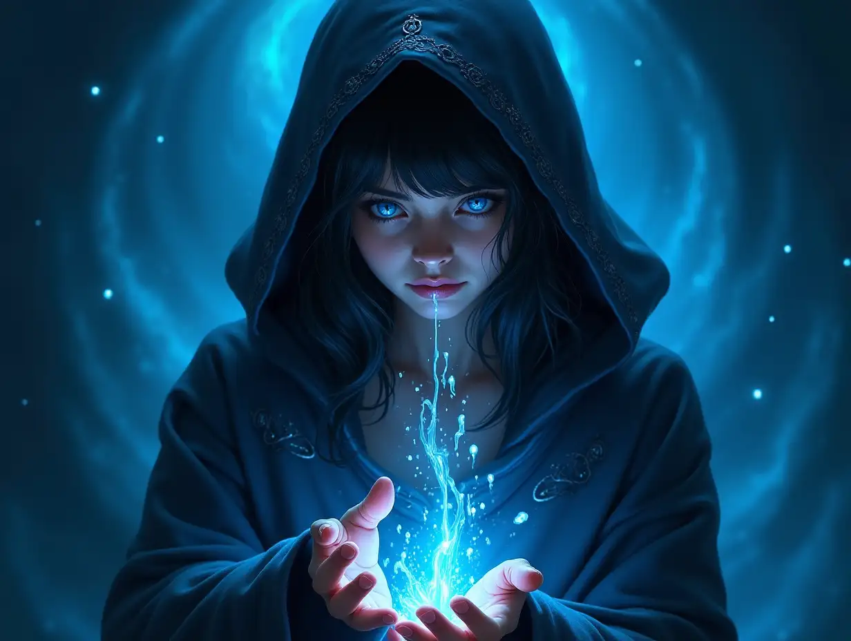 A young woman with dark hair and bright blue eyes manipulates flowing water. She wears a dark, hooded cloak with intricate, glowing details. The background is a swirling, dark blue, suggestive of a night sky, moon, twinkles or deep water. The overall style is fantasy, with a focus on magic and mystical elements. The lighting is dramatic, highlighting the woman and the water she controls with hand.  Detailed, sharp focus, digital painting, realistic, HD