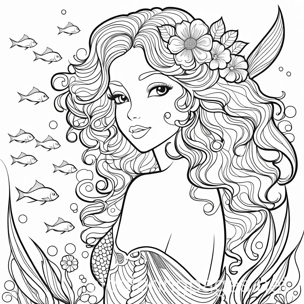 beautiful happy, cute mermaid with curly hair and flowers in her hair , fish in the background , easy to color , coloring page, Coloring Page, black and white, line art, white background, Simplicity, Ample White Space