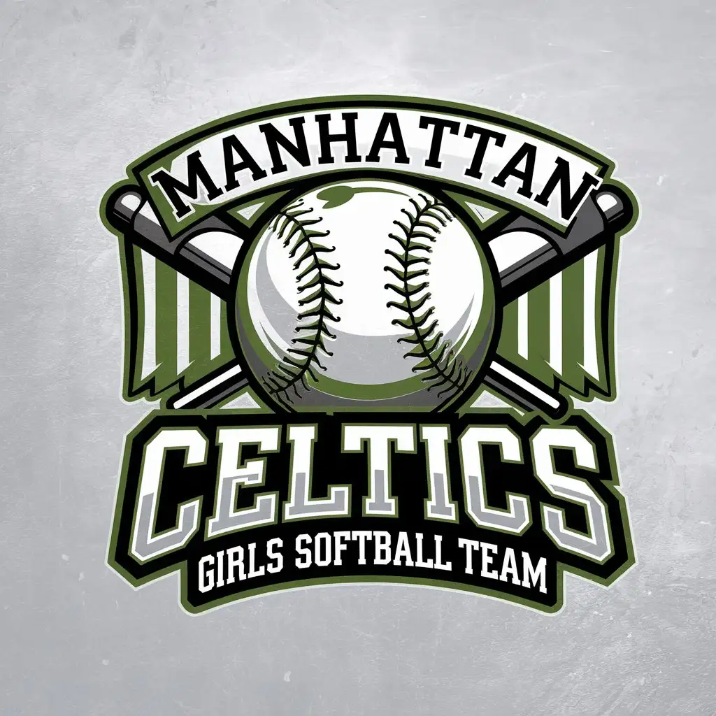 LOGO Design For Manhattan Celtics Girls Softball Team Vibrant Celtic Green White with Playful Softball Imagery