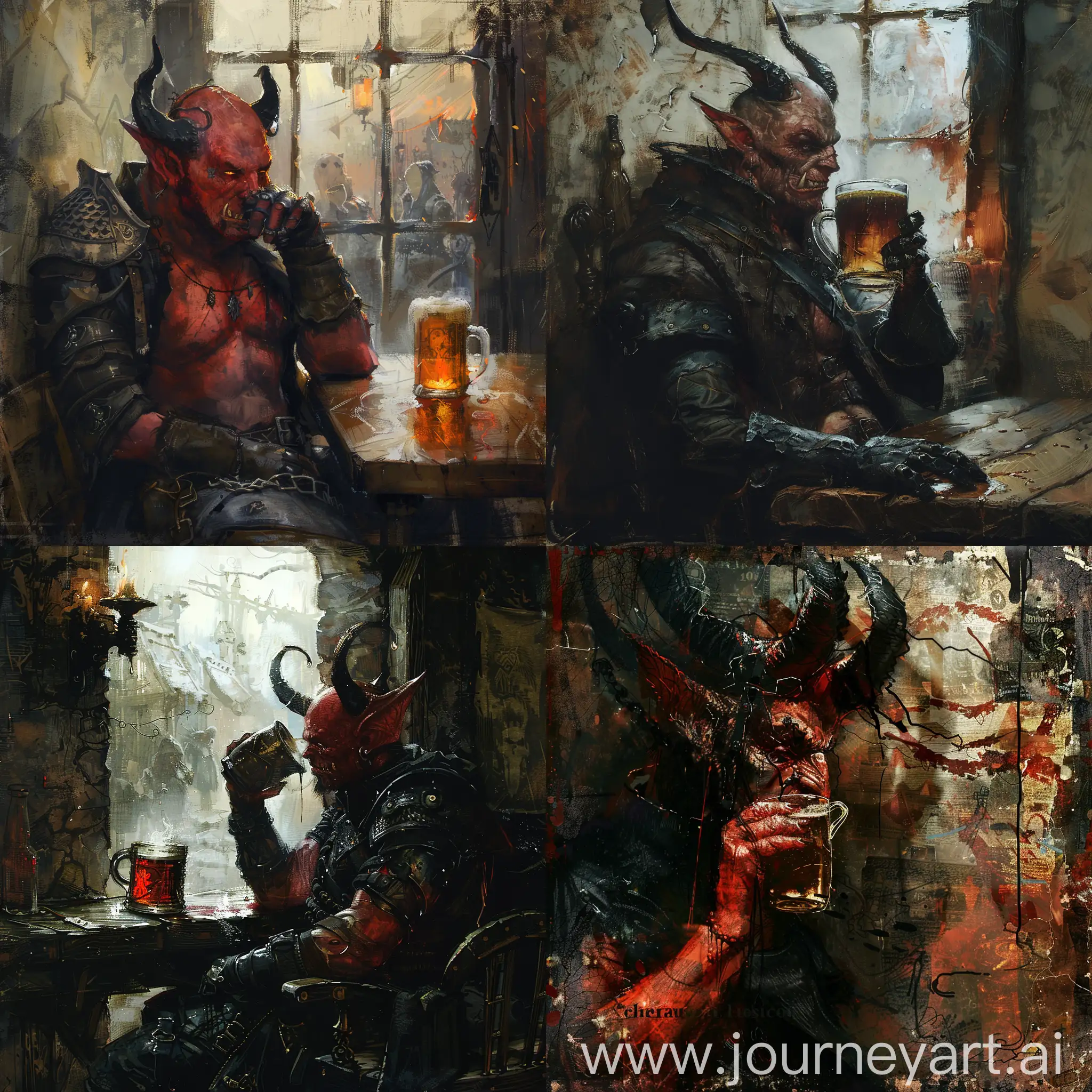 Fantasy-Tiefling-Man-Drinking-Beer-in-Gloomy-Tavern-During-Storm