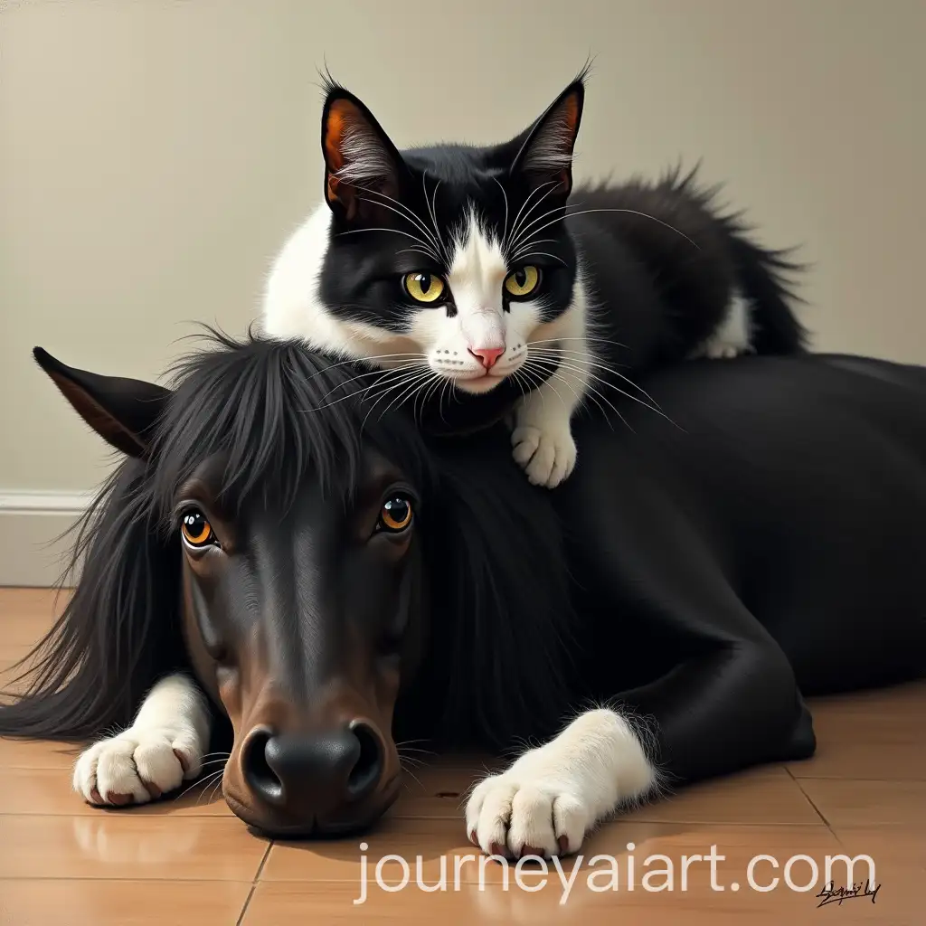 Tuxedo-Cat-Riding-Black-Mare-in-Artistic-Oil-Painting-from-High-Angle