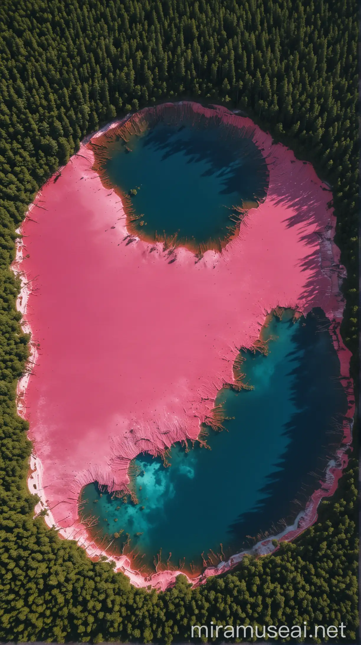 Aerial View of Vibrant Pink Lake in Lush Green Forest and Blue Ocean