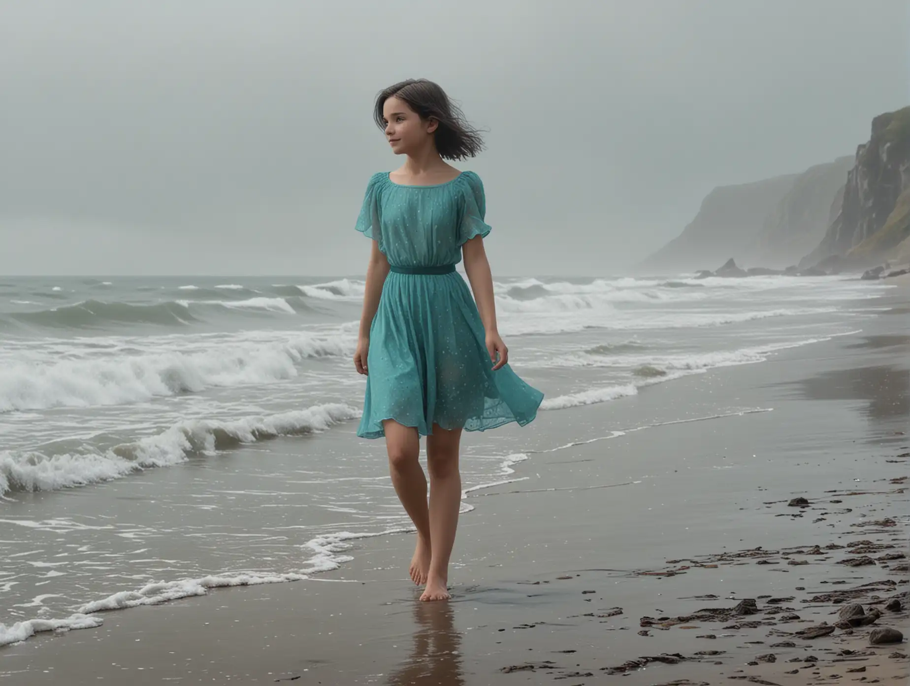 Young-Belgian-Girl-Walking-on-Foggy-Seashore-in-Turquoise-Dress