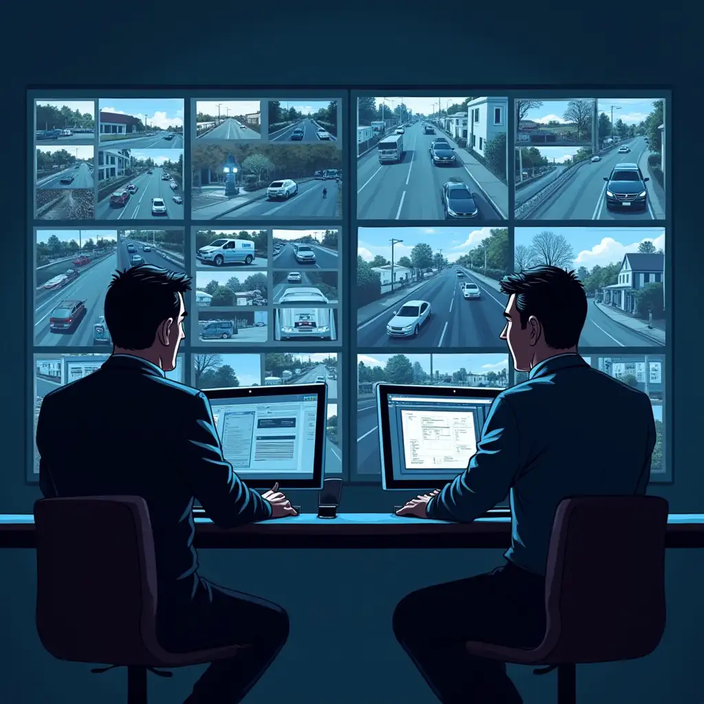 An image showing investigators analyzing surveillance footage and crowdsourcing tips.