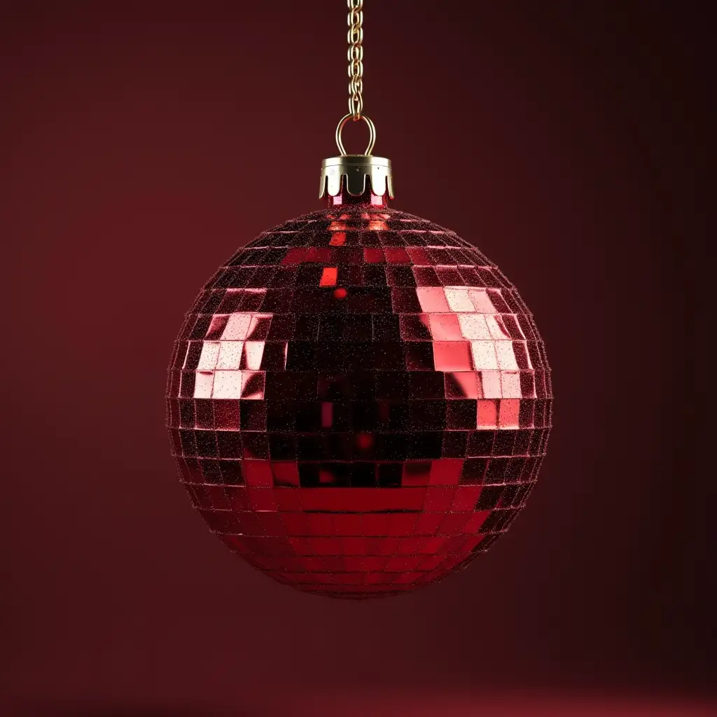 Hyperrealistic Burgundy Iridescent Disco Ball Christmas Ornament in 4K Detail