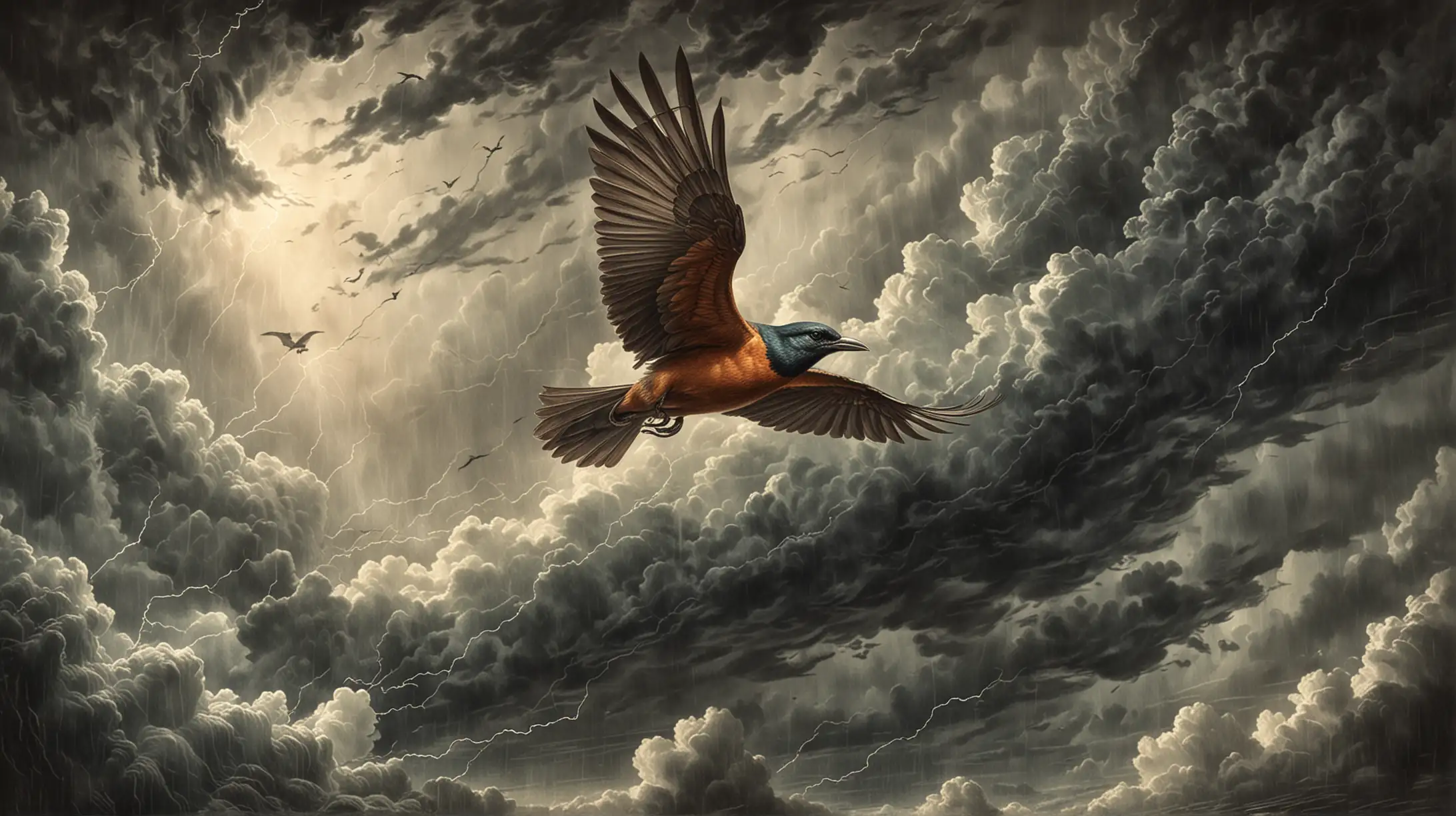 Bird Flying Through Storm Clouds in Vintage Style Drawing