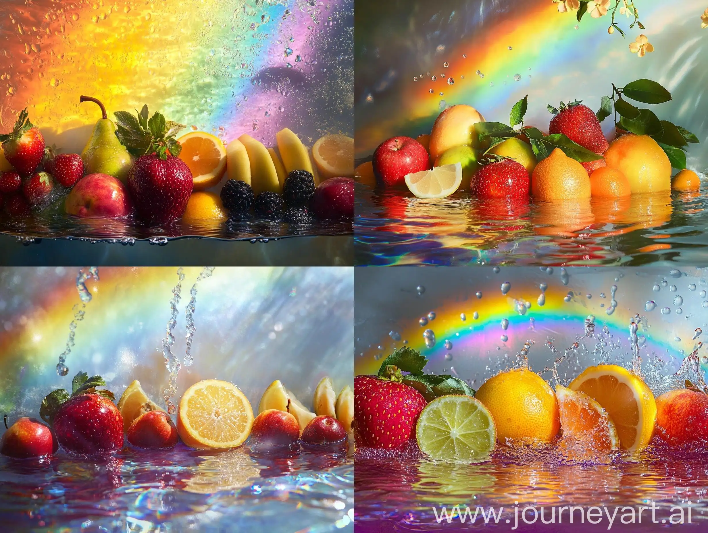 Colorful-Juicy-Fruits-Floating-in-Water-Illuminated-by-Rainbow-Light