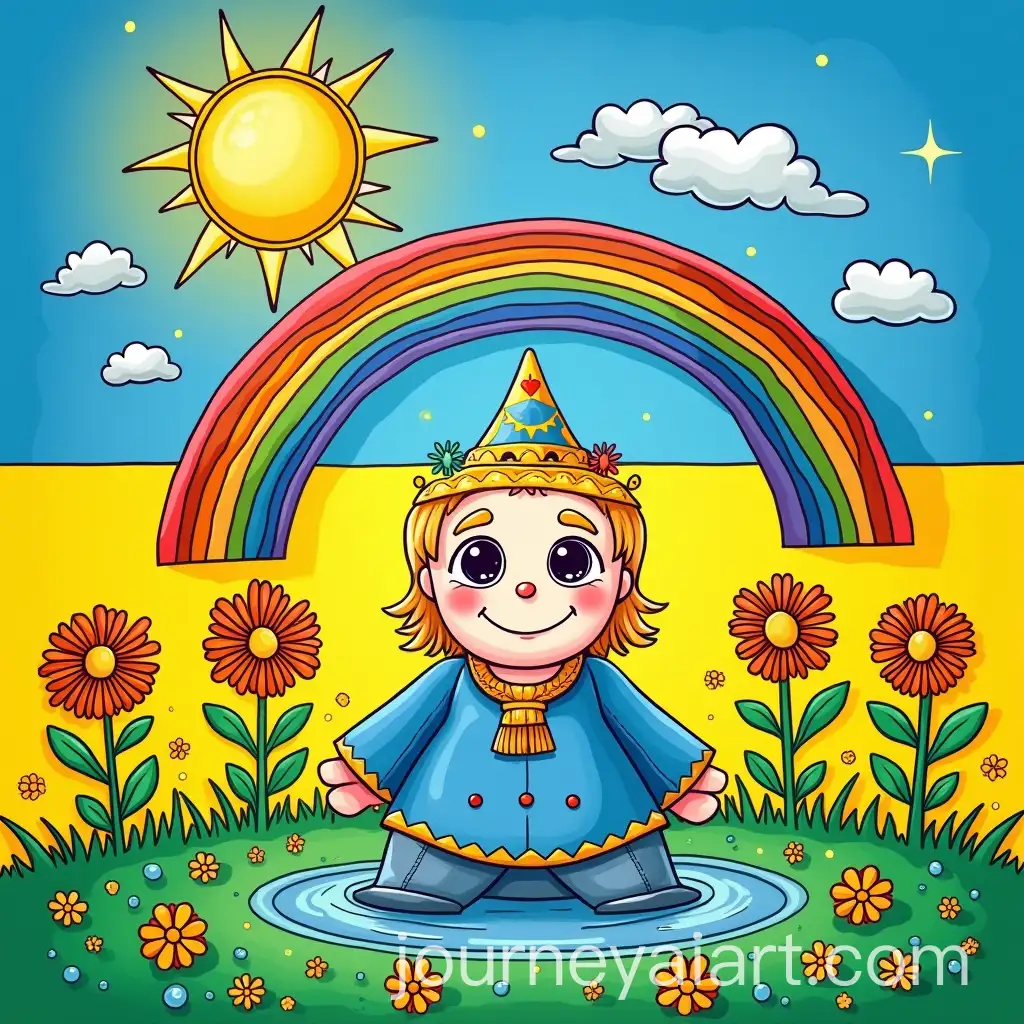 Capitoshka-Water-Droplet-Adventure-with-Rainbows-and-Sun-on-Ukrainian-Flag-Background