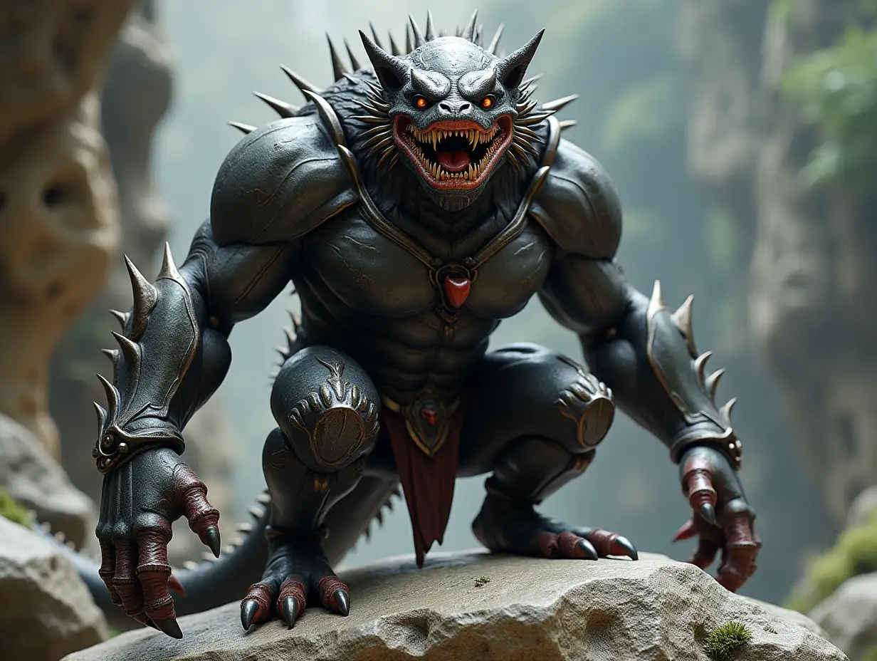 A very detailed photo. A full body representation of an Animal-Hybrid bodybuilder with armor and Nyctalus noctula and Nyctalus noctula on a rock