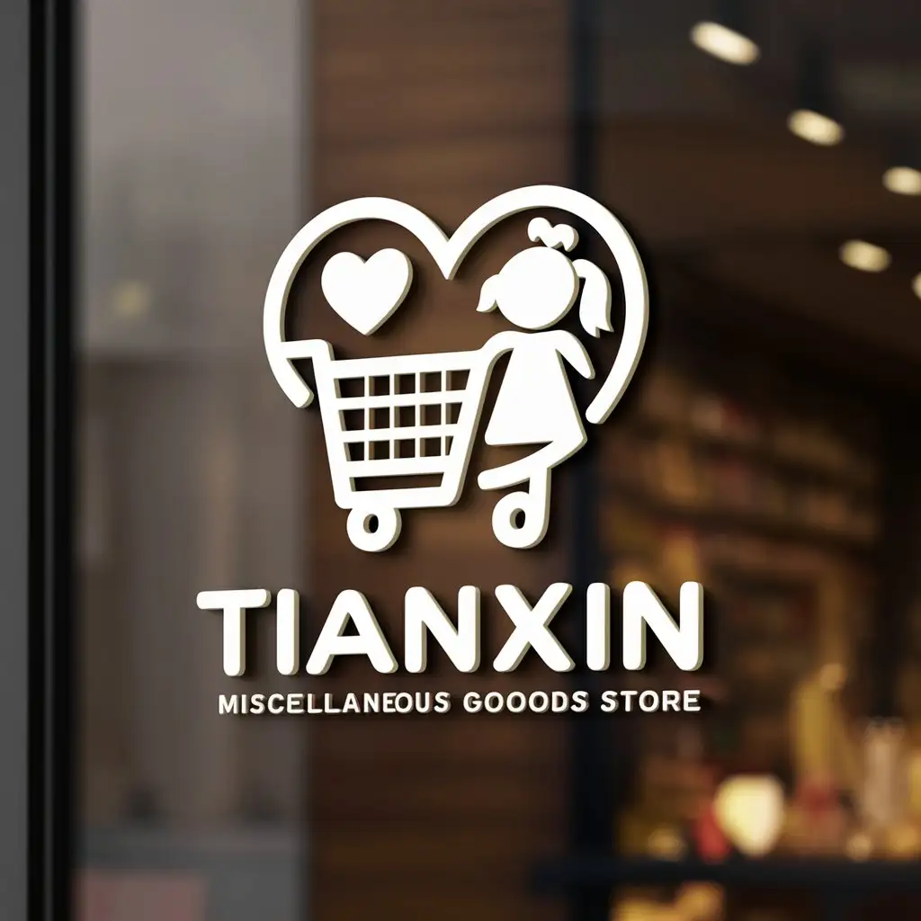 a logo design,with the text "Tianxin miscellaneous goods store", main symbol:'Heart', 'girl', 'shopping cart',Moderate,be used in Retail industry,clear background